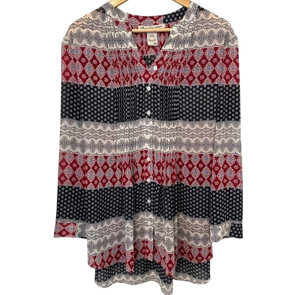 Women's 2X Pleated Tie Back PLUS Soft Red Navy White Work Casual Relaxed Blouse